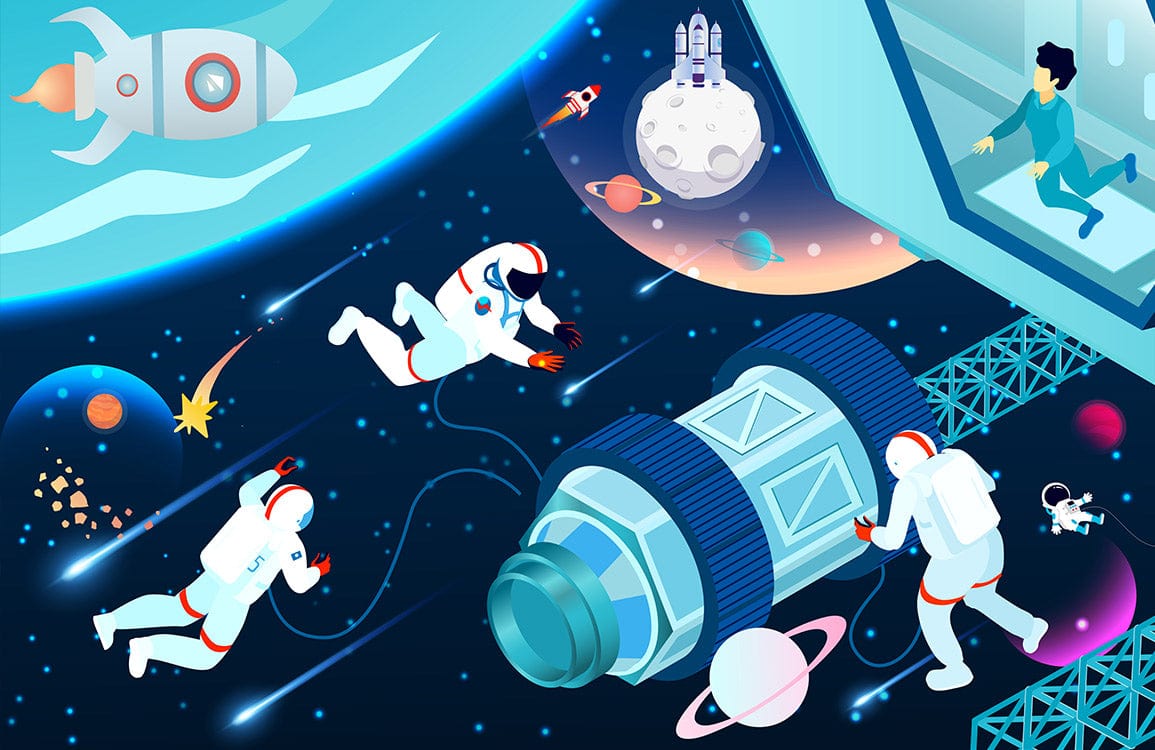 Vibrant Space Adventure Mural Wallpaper: Blue Astronauts and Rockets Design