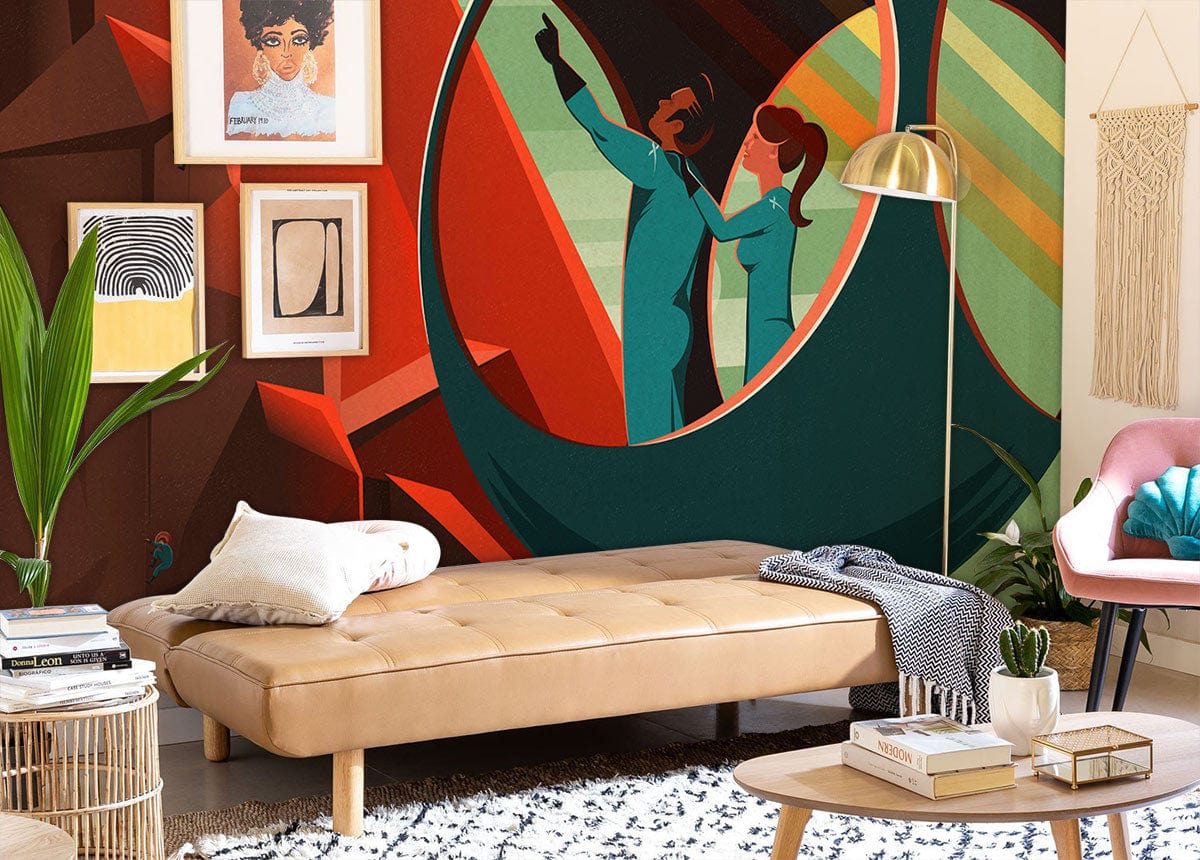 Retro Futuristic Adventure Mural in red and teal, beige sofa, modern art, living room.