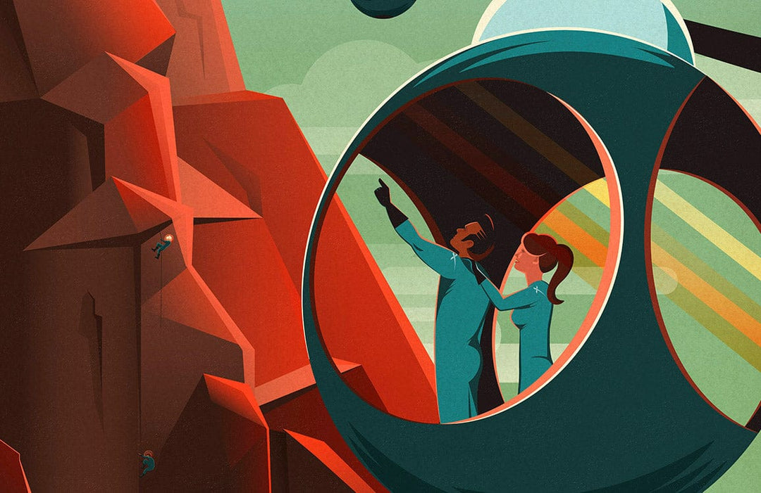 Retro Futuristic Adventure Mural Wallpaper in Bold Red and Teal Tones