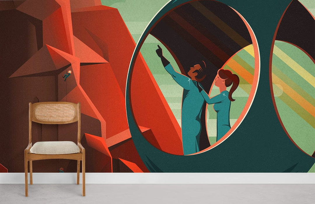 Retro Futuristic Adventure mural in red and teal tones with wooden chair on grey floor.
