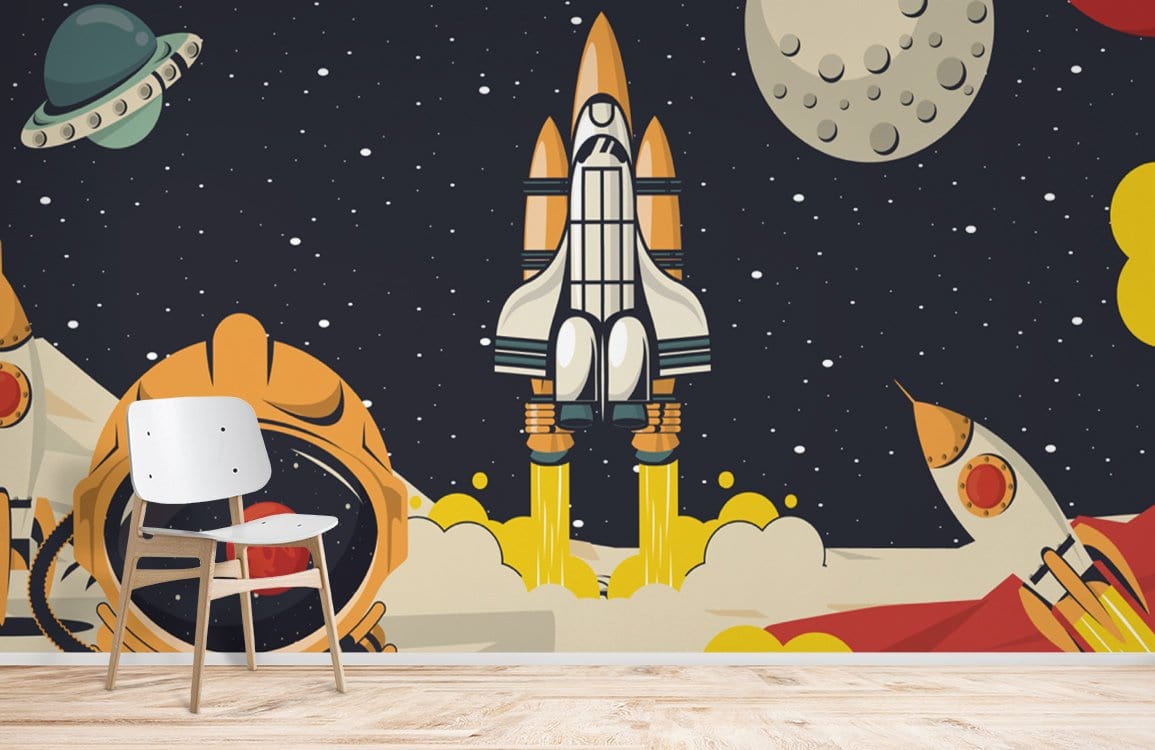 Retro Space Adventure mural wallpaper with rockets and planets, light wood flooring, and a white chair.