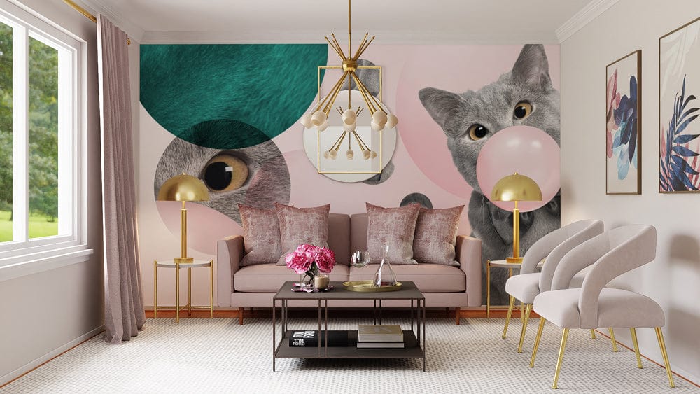 Playful Grey Cat Bubbles wallpaper with pink sofa, modern light fixtures, and grey carpet in living room.