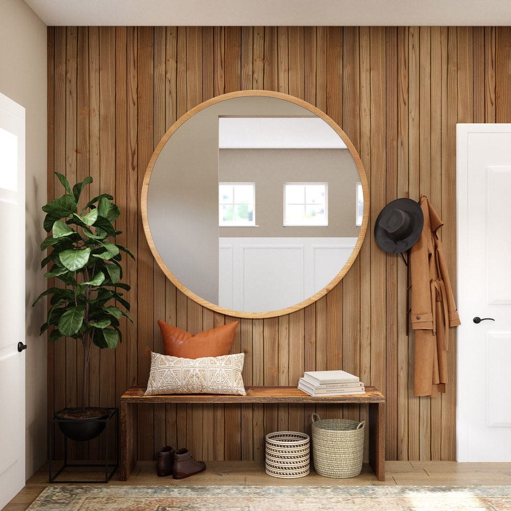 Rustic Wood Plank Effect Wallpaper with natural brown vertical stripes, round mirror, wooden bench, plant.
