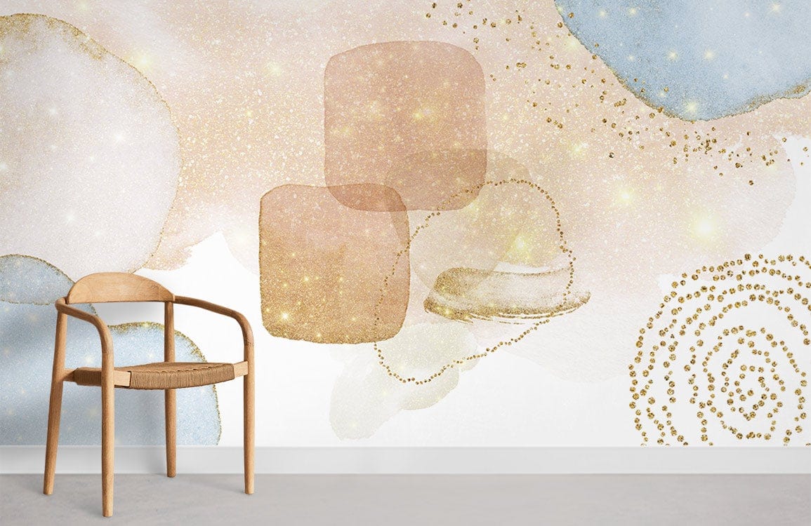 Elegant pastel abstract mural wallpaper with gold accents, featuring a wooden chair on grey flooring.