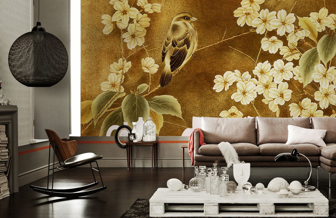 Vintage floral bird mural wallpaper in golden tones, elegant living room setting, dark wood flooring.