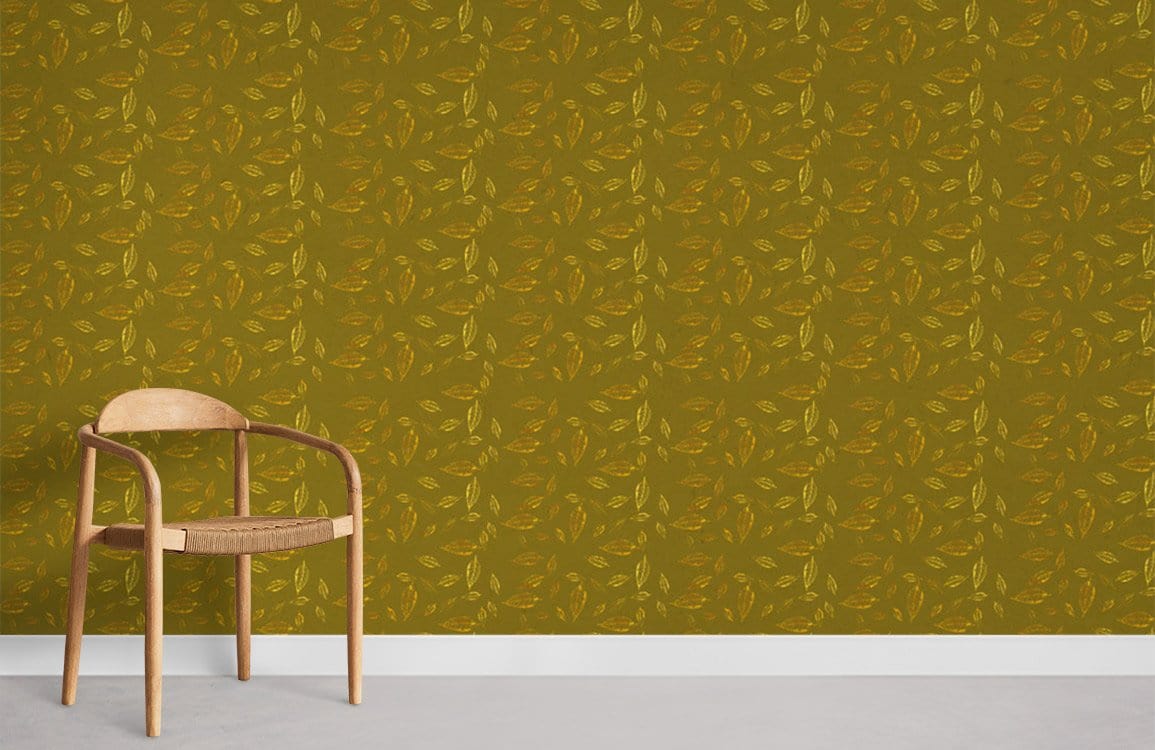 Olive green vintage leaf wallpaper, classic interior, wooden chair, concrete flooring, elegant room setting.