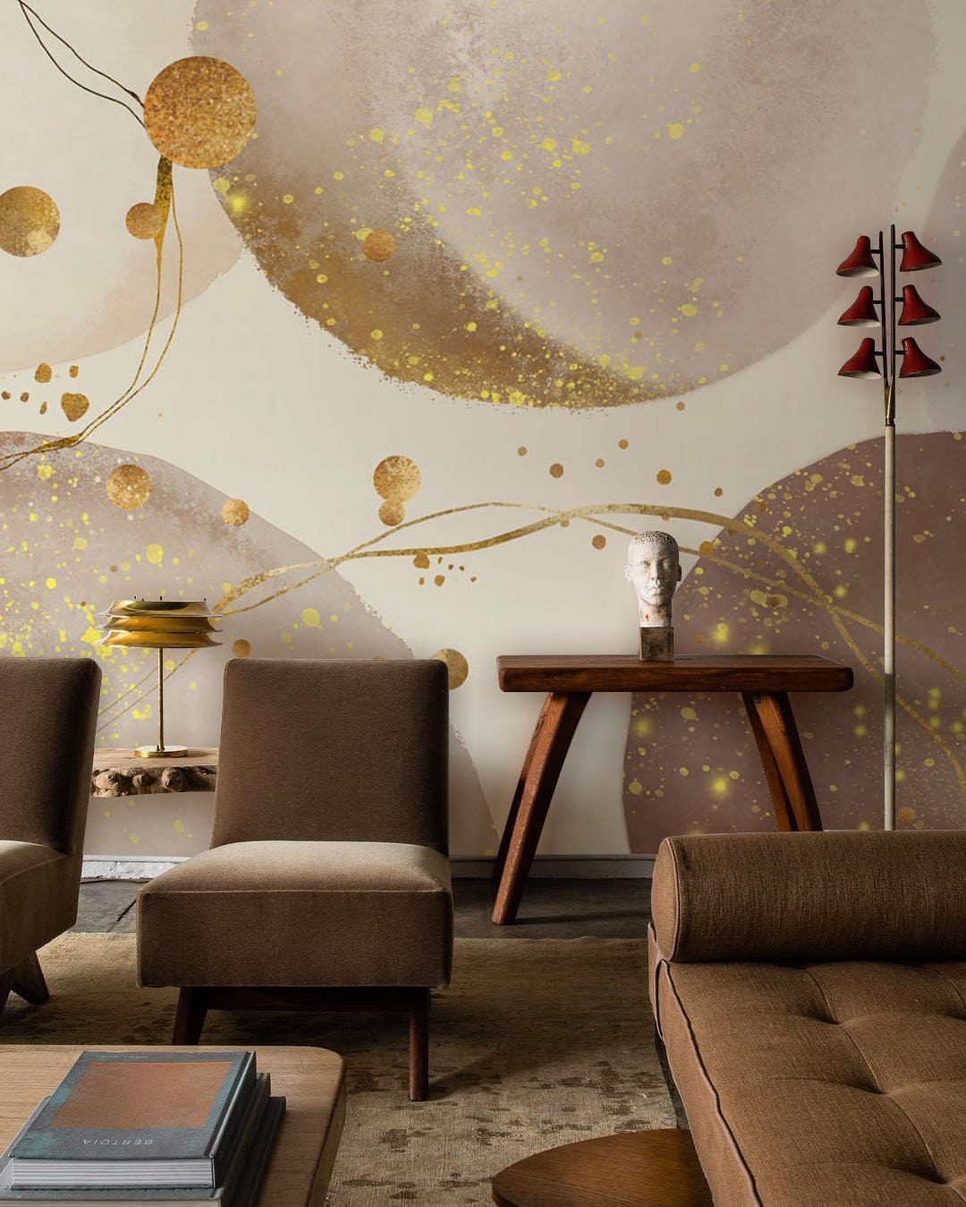 Elegant abstract wallpaper by Luxe in cream, gold, bronze; modern brown sofas, mid-century table.