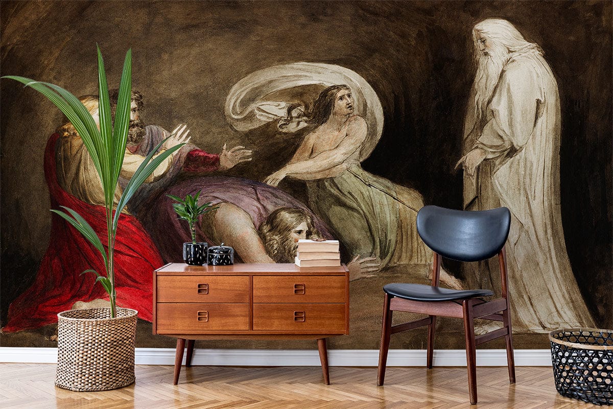 Classic art-inspired mural wallpaper in earthy tones, mid-century sideboard, black chair, parquet flooring.