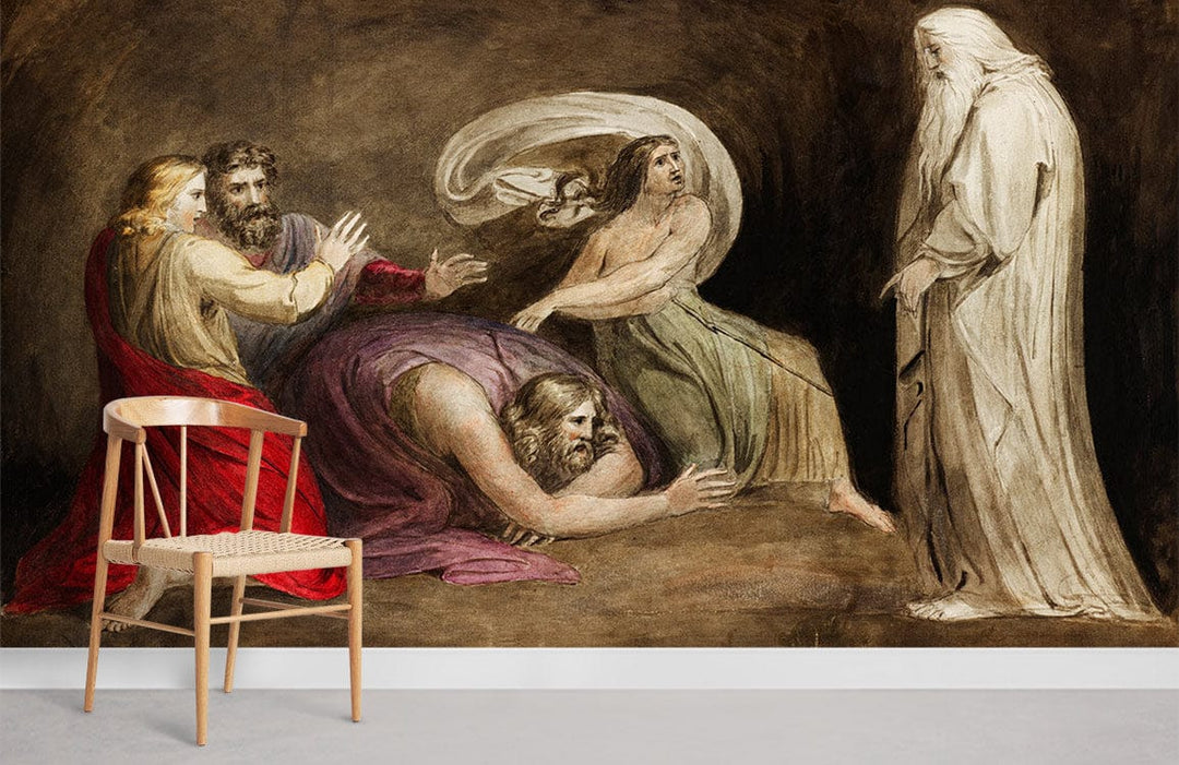 Classic art-inspired mural wallpaper, earthy tones, dramatic scene, wooden chair, neutral flooring.