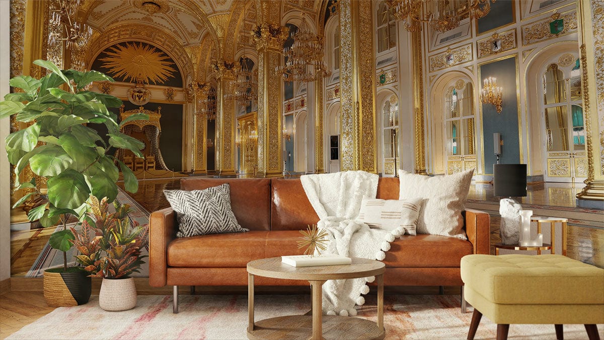 Luxurious Baroque Golden Palace Mural enhances living room with brown leather sofa, elegant wall art.