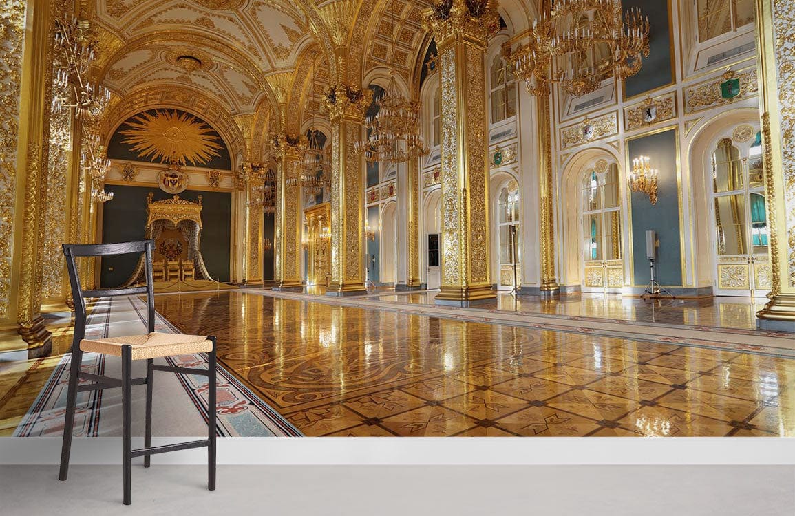 Luxurious Baroque Golden Palace Mural Wallpaper in ornate room, elegant black chair, polished flooring.
