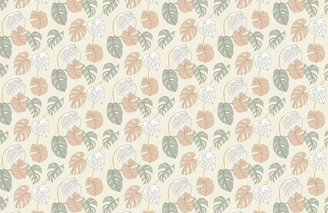 Tropical Leaf Pattern Wallpaper in Pastel Green and Peach Tones