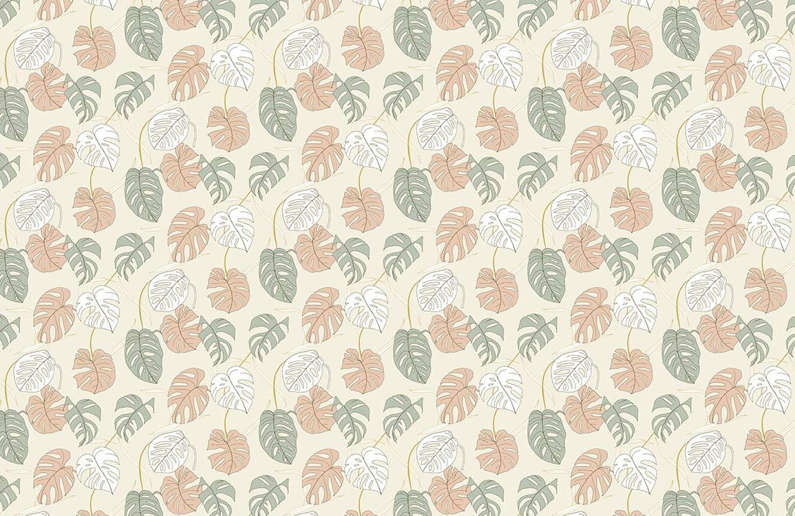 Tropical Leaf Pattern Wallpaper in Pastel Green and Peach Tones