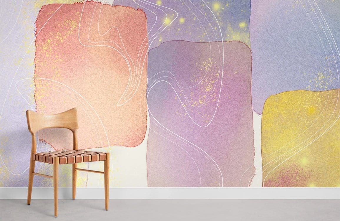Pastel Dreamscape Watercolour Mural Wallpaper, ethereal gold accents, wooden chair, minimalist room design.