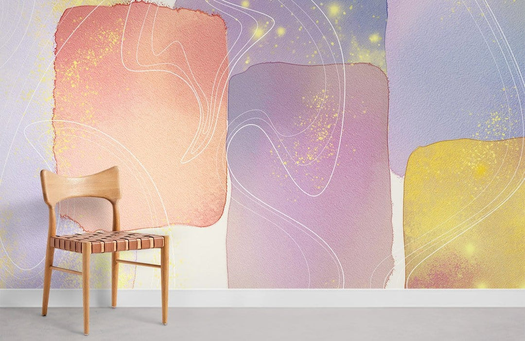 Pastel Dreamscape Watercolour Mural Wallpaper, ethereal gold accents, wooden chair, minimalist room design.