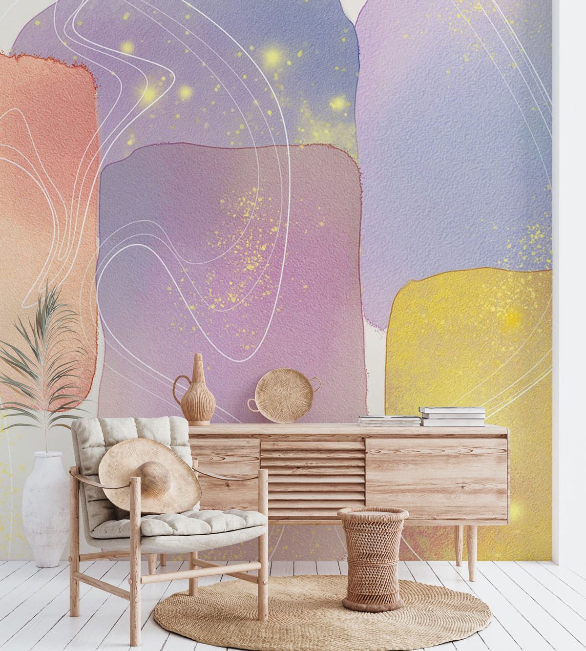 Pastel Dreamscape mural with gold accents, light wood cabinet, cushioned chair, airy living room setting.