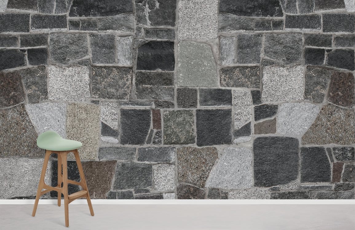 Grey rustic stone brick pattern wallpaper with earth tones, light green stool, light-coloured flooring.