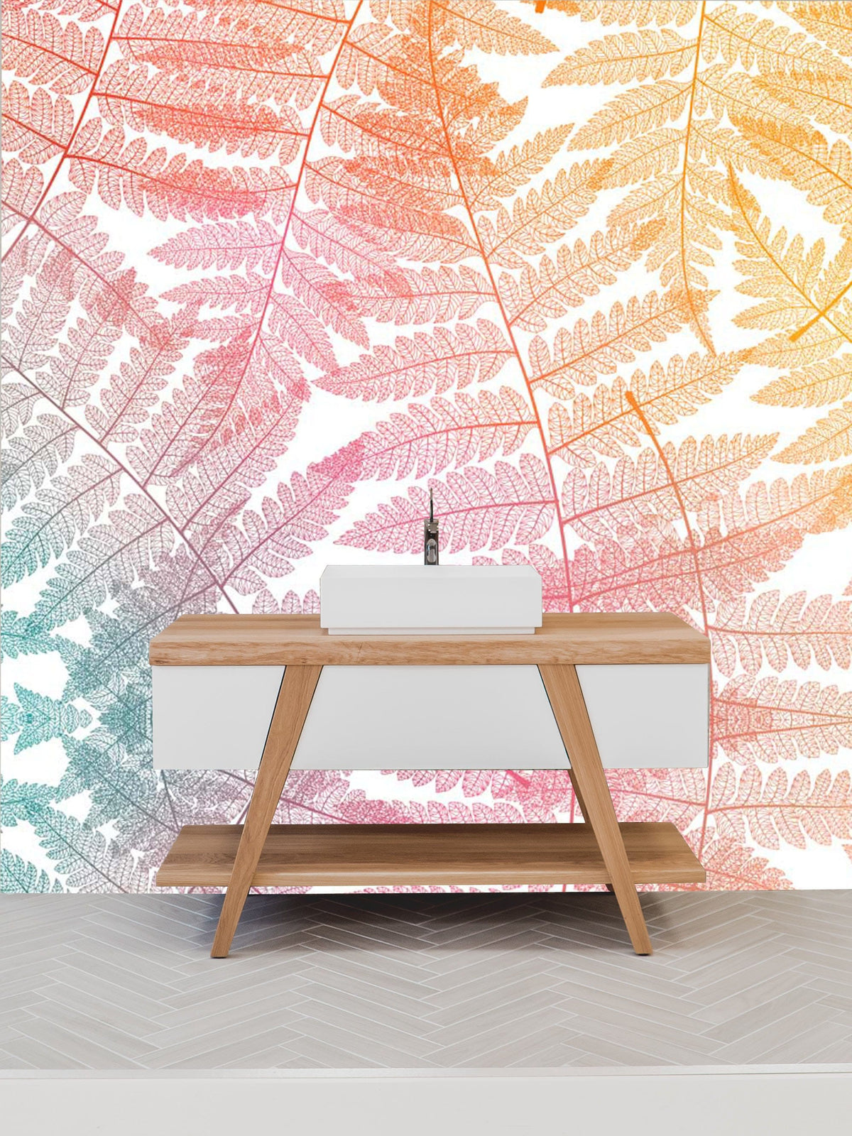 Modern bathroom with Rainbow Fern Delight wallpaper, wooden vanity, white sink, and herringbone flooring.