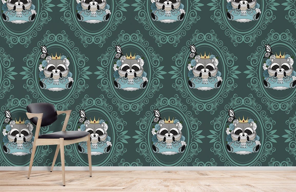Whimsical raccoon wallpaper in teal, mid-century modern chair, wooden floors, teal grey pattern.