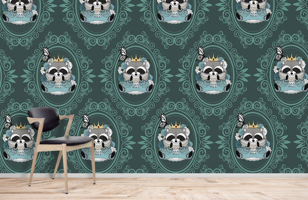 Whimsical raccoon wallpaper in teal, mid-century modern chair, wooden floors, teal grey pattern.