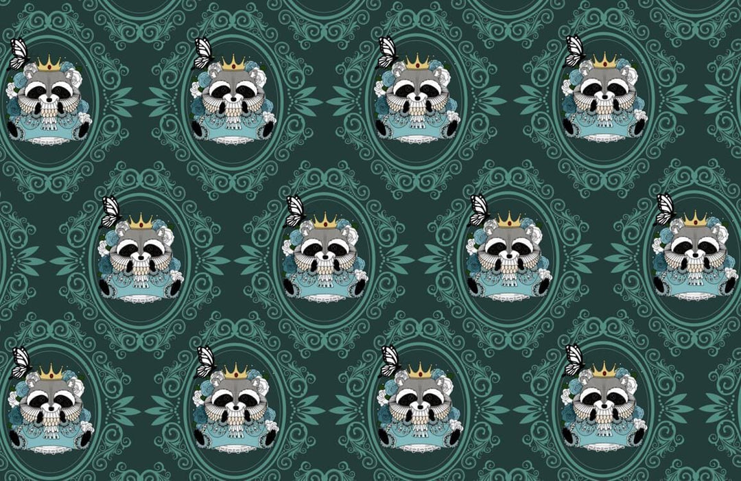 Whimsical Raccoon and Crown Patterned Wallpaper in Teal and Grey Tones
