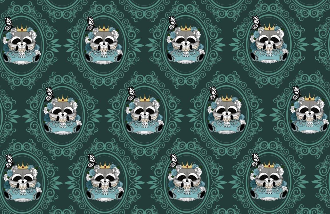 Whimsical Raccoon and Crown Patterned Wallpaper in Teal and Grey Tones