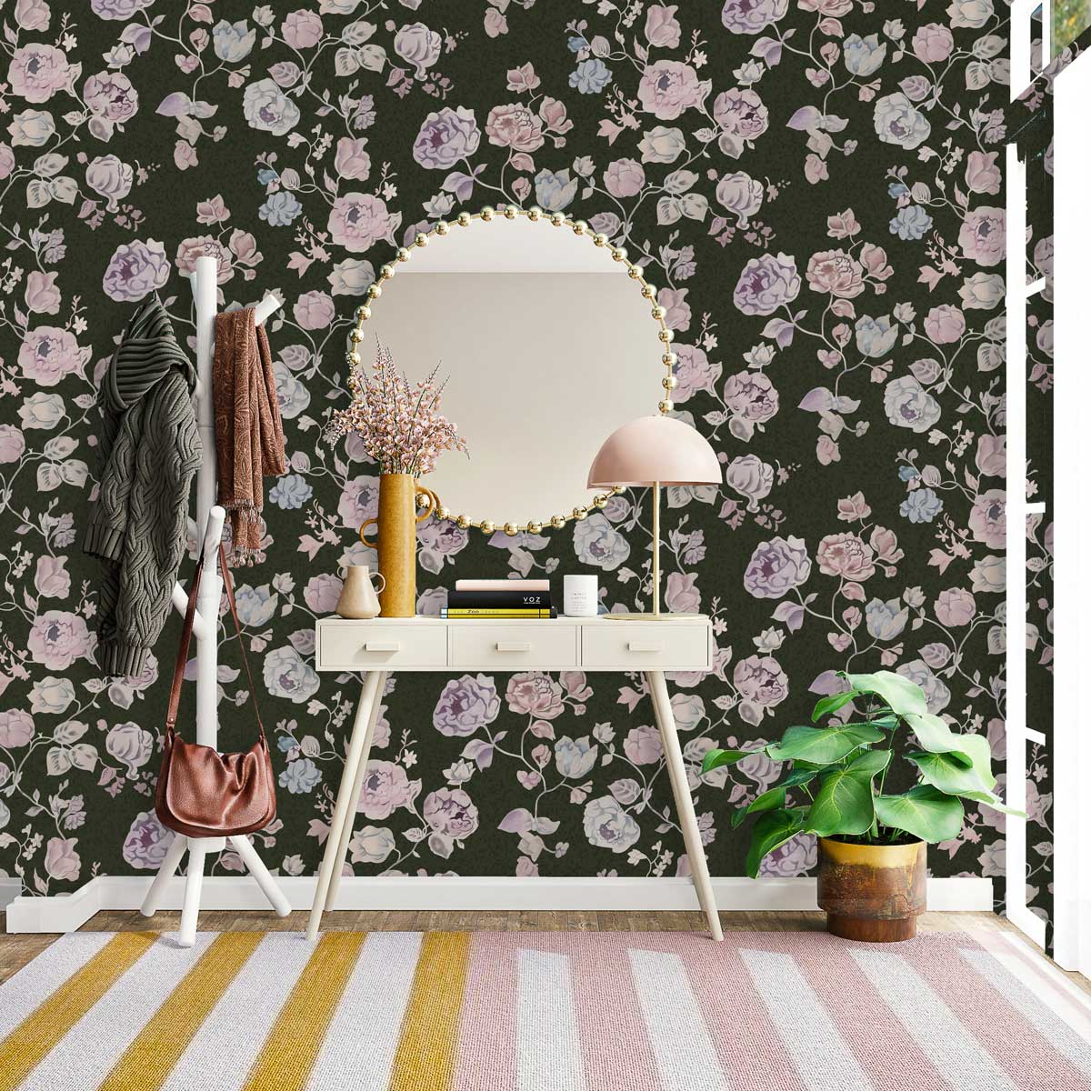 Vintage Floral Elegance wallpaper in dark green floral style, mirrored dressing table, striped rug, plant.