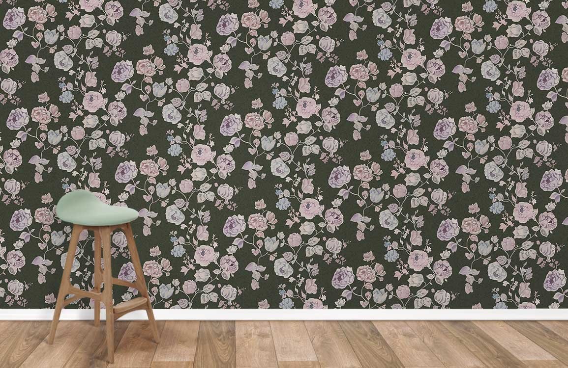 Vintage floral wallpaper with wooden stool and hardwood flooring in elegant room setting. Dimensions available.