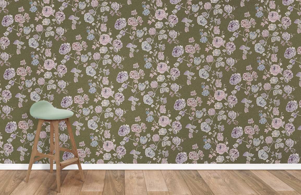 Vintage floral green wallpaper with pastel blooms, wooden stool, wood flooring in elegant interior setting.