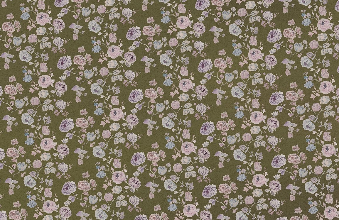 Vintage Floral Pattern Green Wallpaper with Pastel Blooms for Elegant Interiors