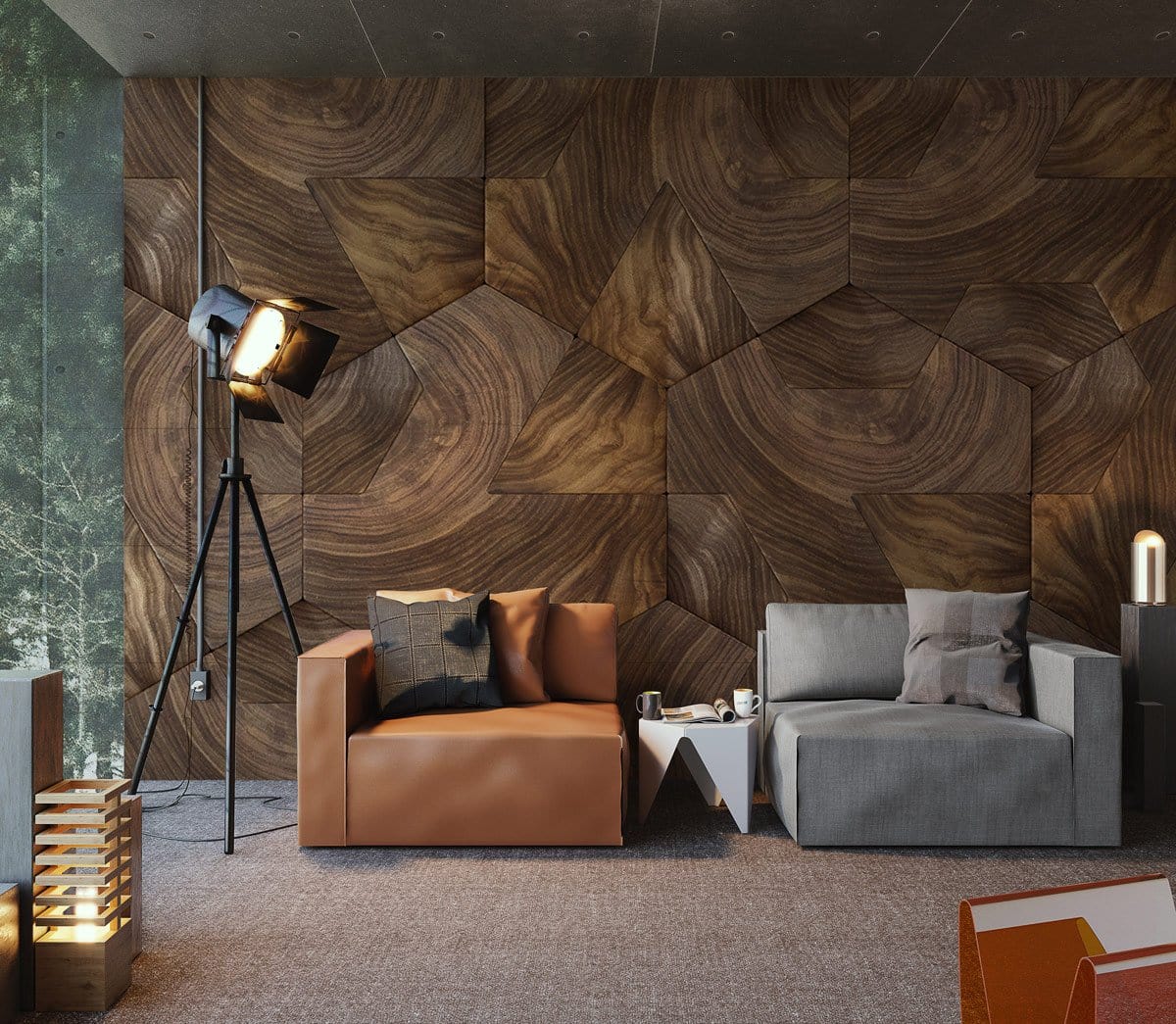 Geometric woodgrain wallpaper with a brown leather sofa, grey sofa, tripod lamp, and modern flooring.
