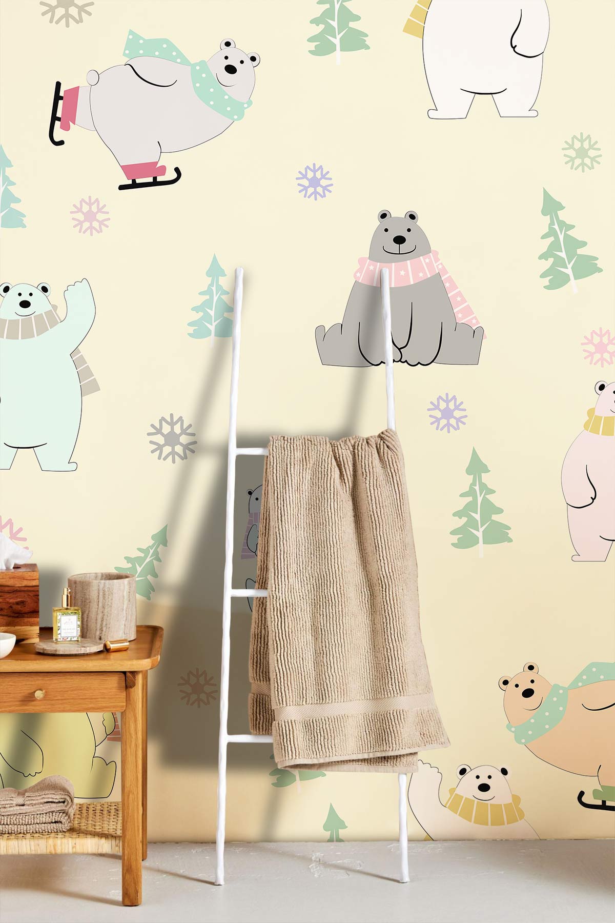 Cute Winter Bears mural wallpaper in nursery with pastel design, ladder rack, and neutral flooring.