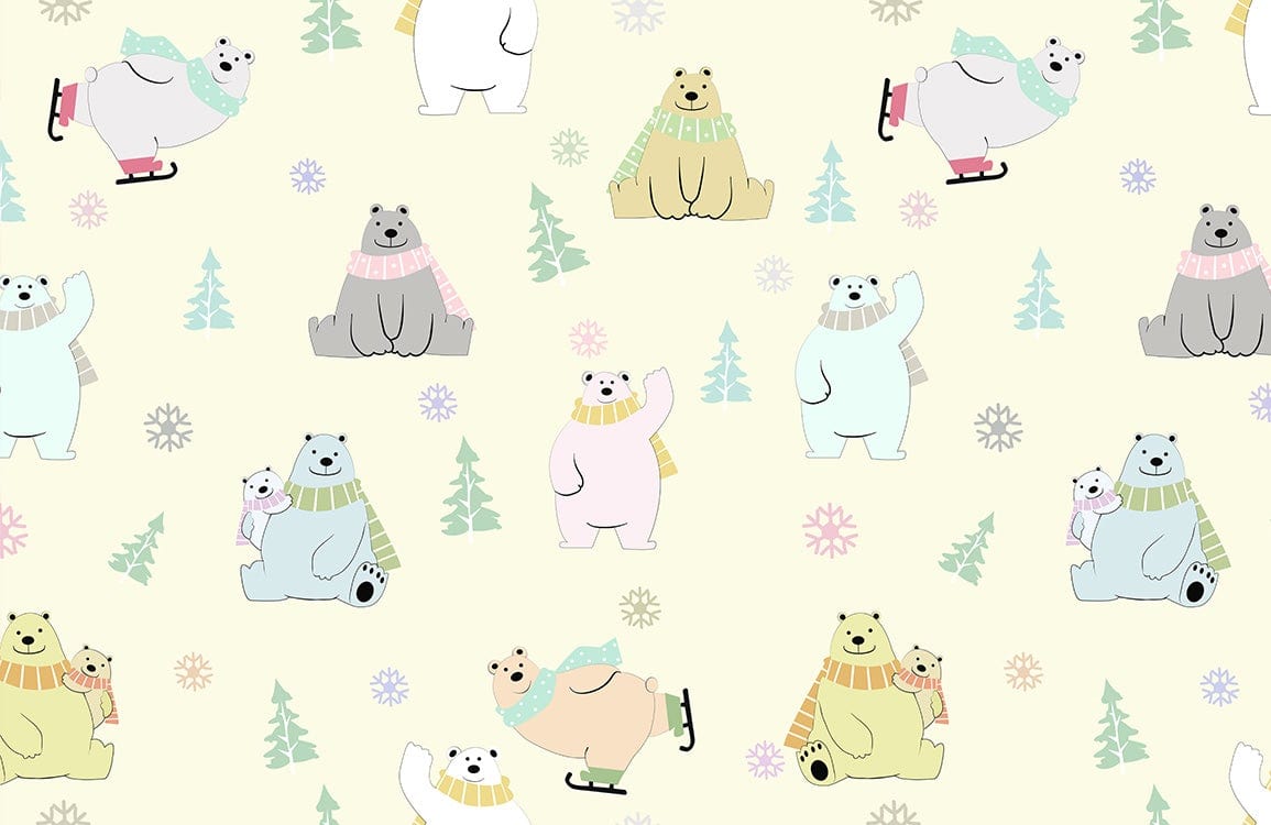 Cute Winter Bears Pastel Mural Wallpaper - Nursery Playful Design