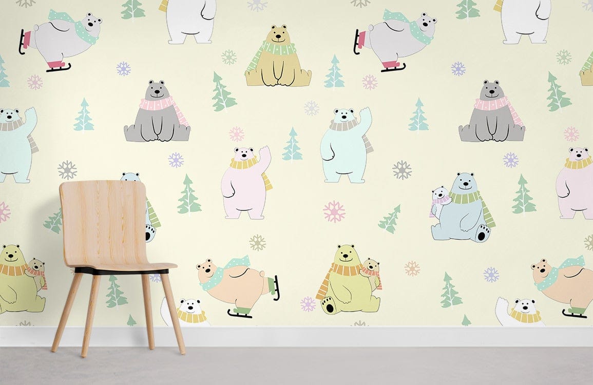 Cute winter bears pastel mural wallpaper in nursery with wooden chair and light flooring.