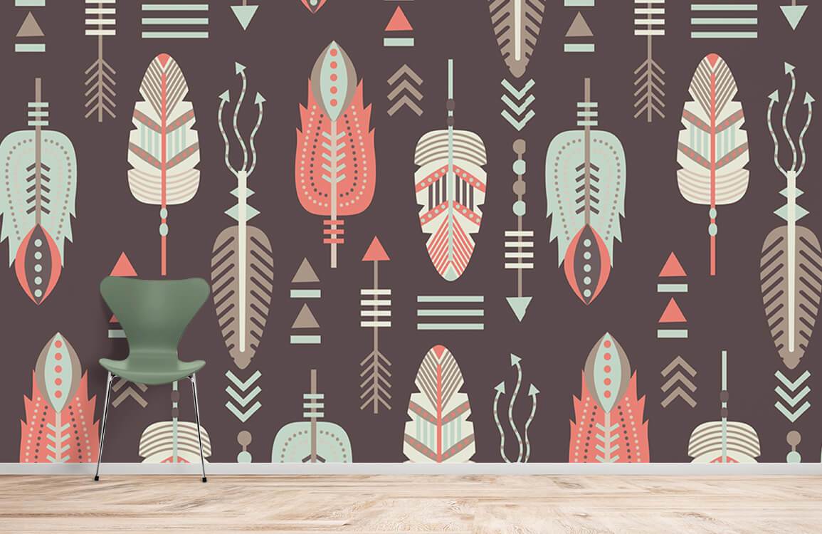 Retro Tribal Feather Pattern Wallpaper, earthy tones, pastel, modern green chair, wooden flooring, living room.