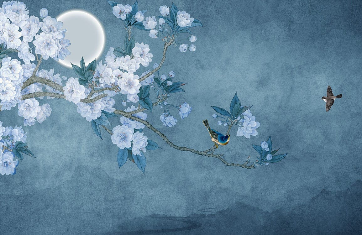 Night Blossom Serenity: Blue Floral and Birds Mural Wallpaper Art Design