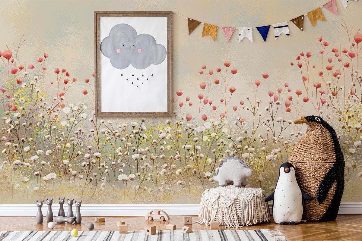 Nursery features vintage pastel meadow floral mural wallpaper, wooden flooring, playful decor, and charming toys.