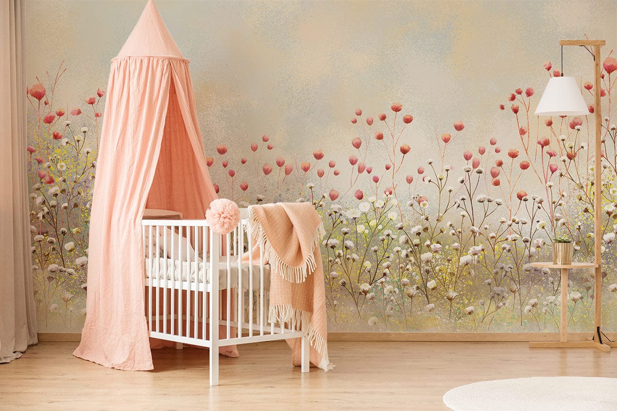 Vintage floral mural wallpaper in nursery with pink canopy, white cot, wooden floor, standing lamp.
