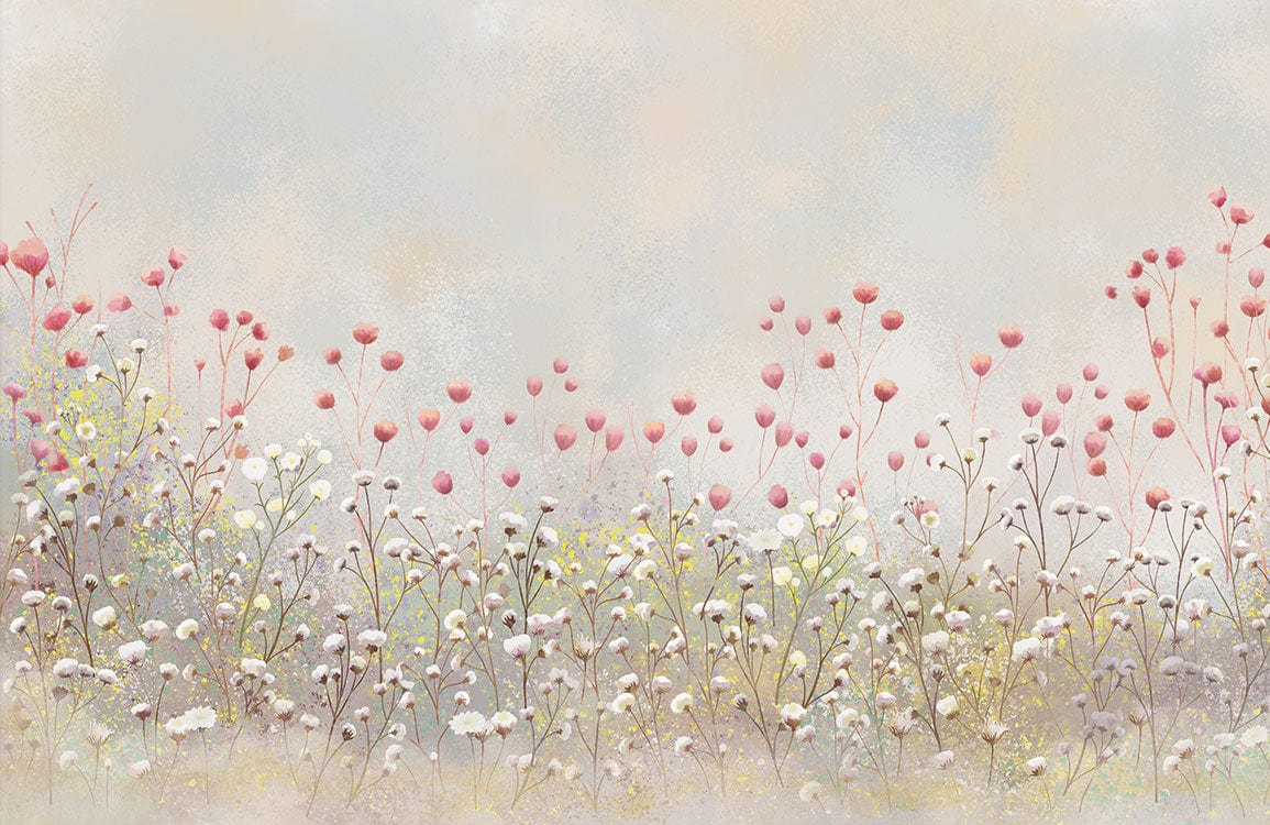 Soft Pastel Floral Meadow Mural Wallpaper with Delicate Pink Blooms Design