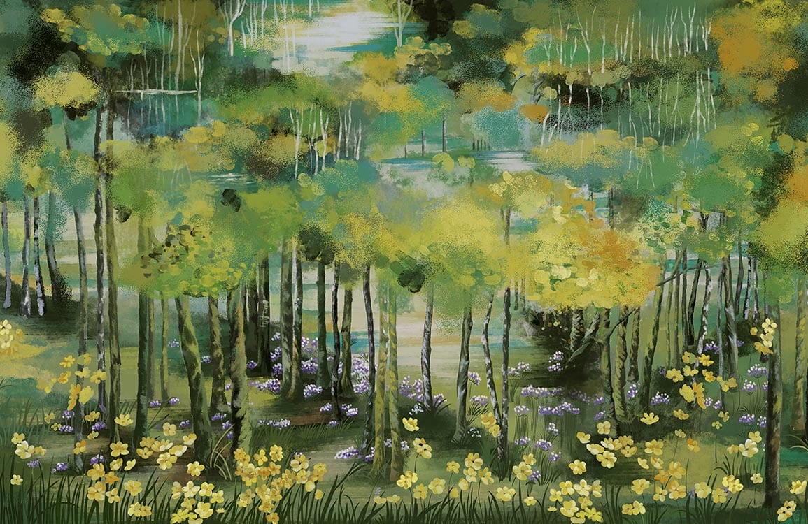 Enchanted Green Forest Mural Wallpaper with Yellow Blossoms and Woodland Serenity