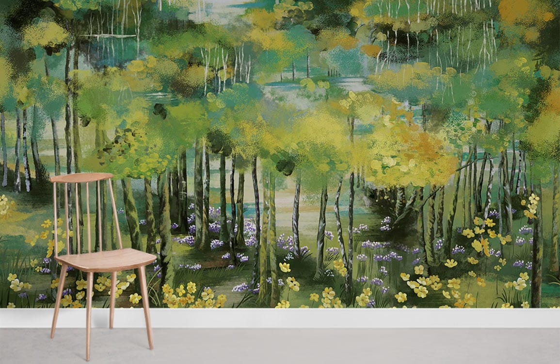 Enchanted Green Forest mural wallpaper, yellow blossoms, serene woodland, minimalist chair, grey flooring.