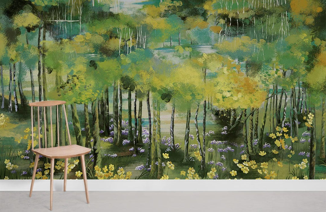 Enchanted Green Forest mural wallpaper, yellow blossoms, serene woodland, minimalist chair, grey flooring.
