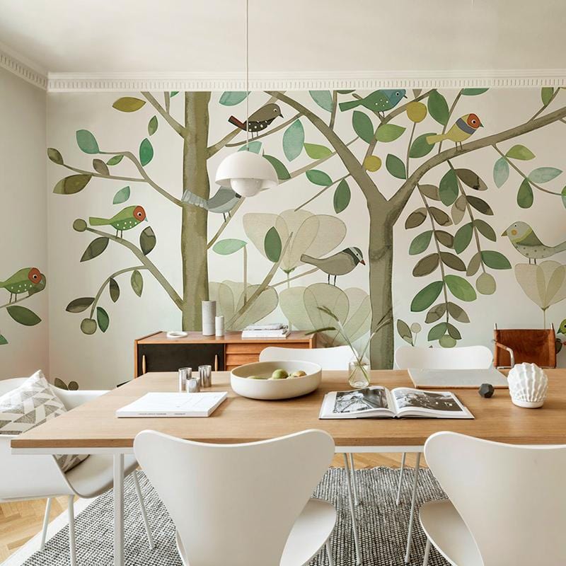 Whimsical Woodland Birds wallpaper in earthy tones, contemporary dining room, wooden table, modern chairs.