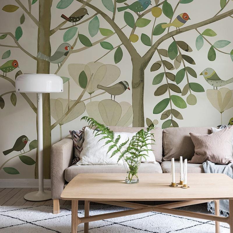 Whimsical Woodland Birds wallpaper, earthy tones, neutral sofa, wooden flooring, chic living room ambiance.