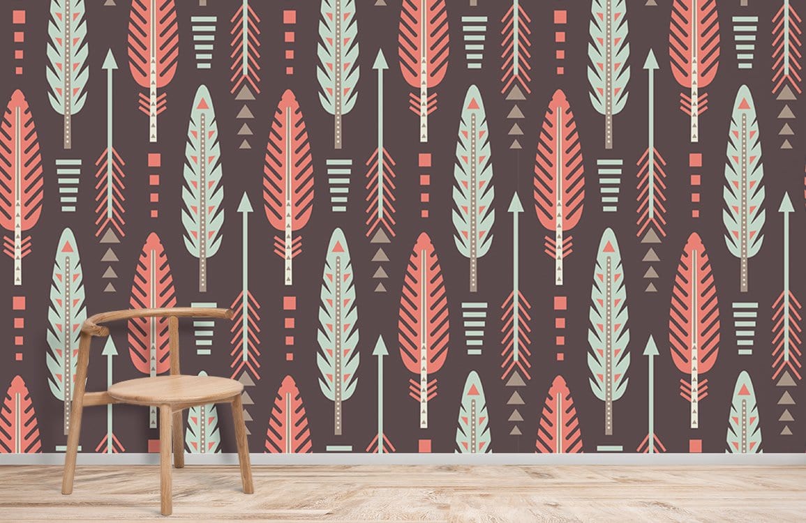 Alt text: Retro arrow pattern wallpaper, vintage pastel design, earthy tones with wooden chair on wooden floor.