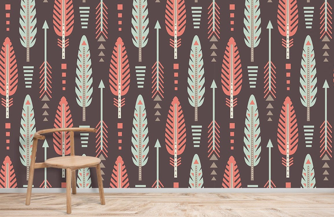 Alt text: Retro arrow pattern wallpaper, vintage pastel design, earthy tones with wooden chair on wooden floor.