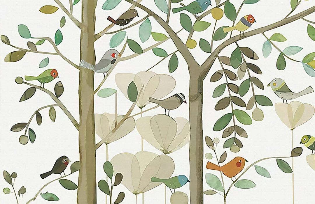 Whimsical Woodland Birds Pattern Wallpaper in Soft Earthy Tones