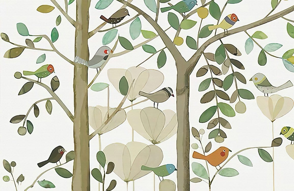 Whimsical Woodland Birds Pattern Wallpaper in Soft Earthy Tones