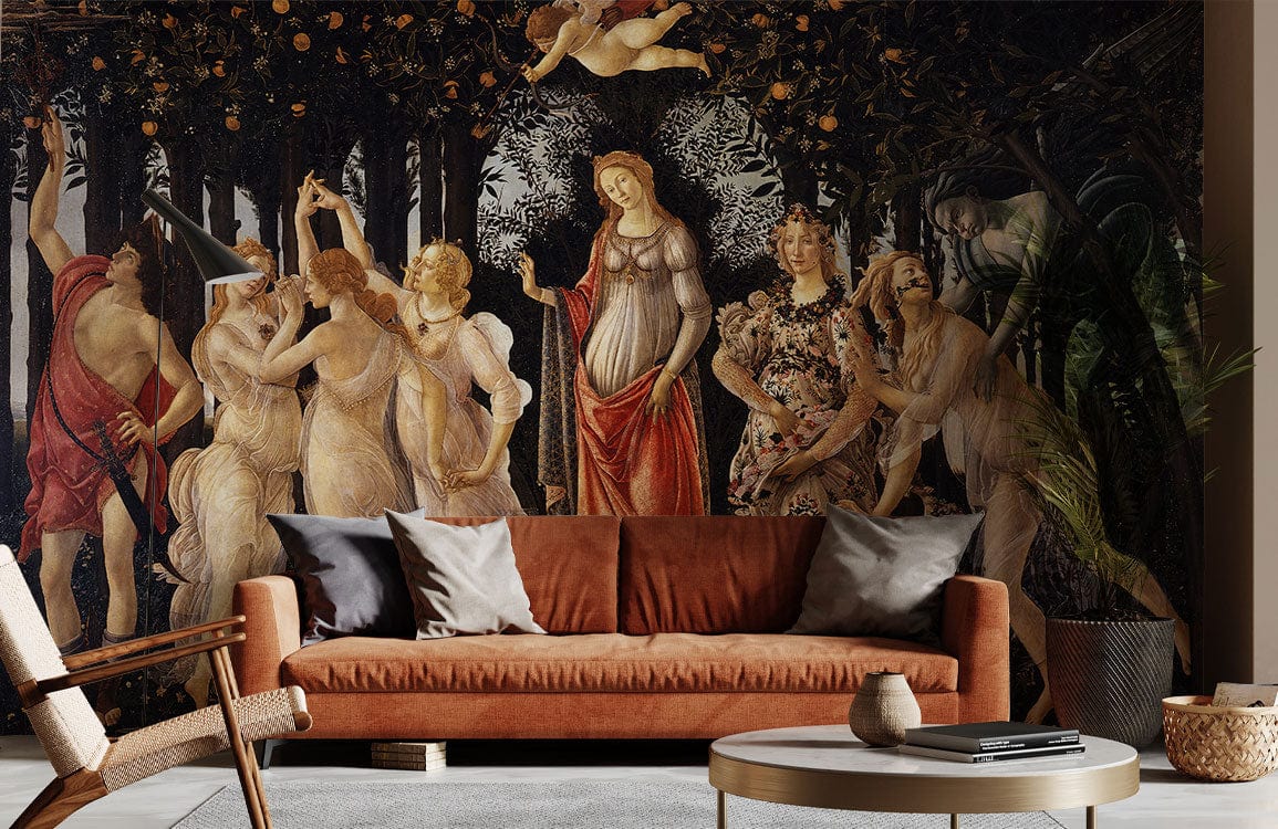 Renaissance Elegance Forest Mural Wallpaper with earthy tones, orange sofa, wooden chair, grey rug.