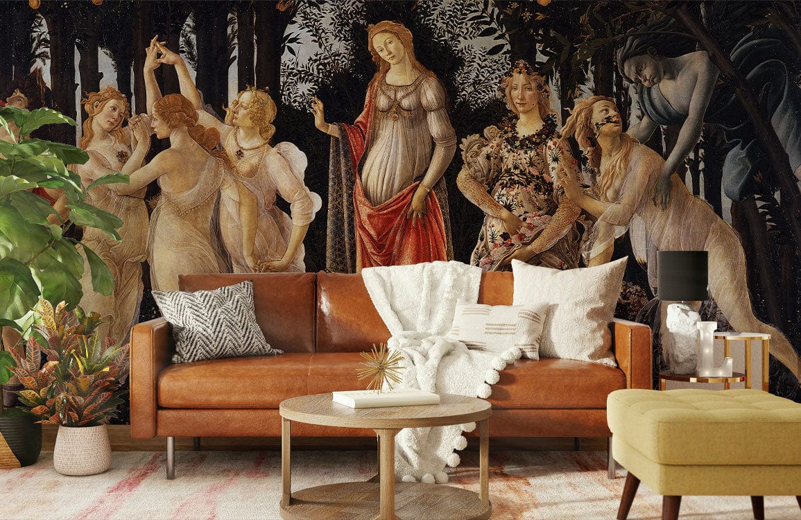 Luxurious leather sofa, Renaissance Elegance Forest Mural Wallpaper, neutral decor, round wooden coffee table.